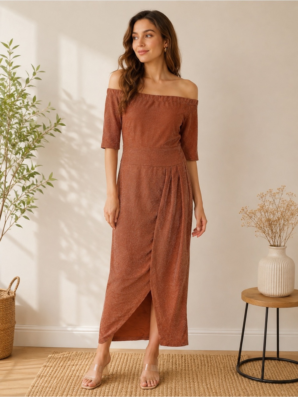 Copper Shimmer Off Shoulder Ruched Midi Dress XL